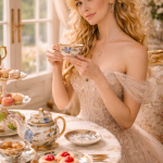 Woman in lace dress holding a floral teacup at a table with pastries and tea set