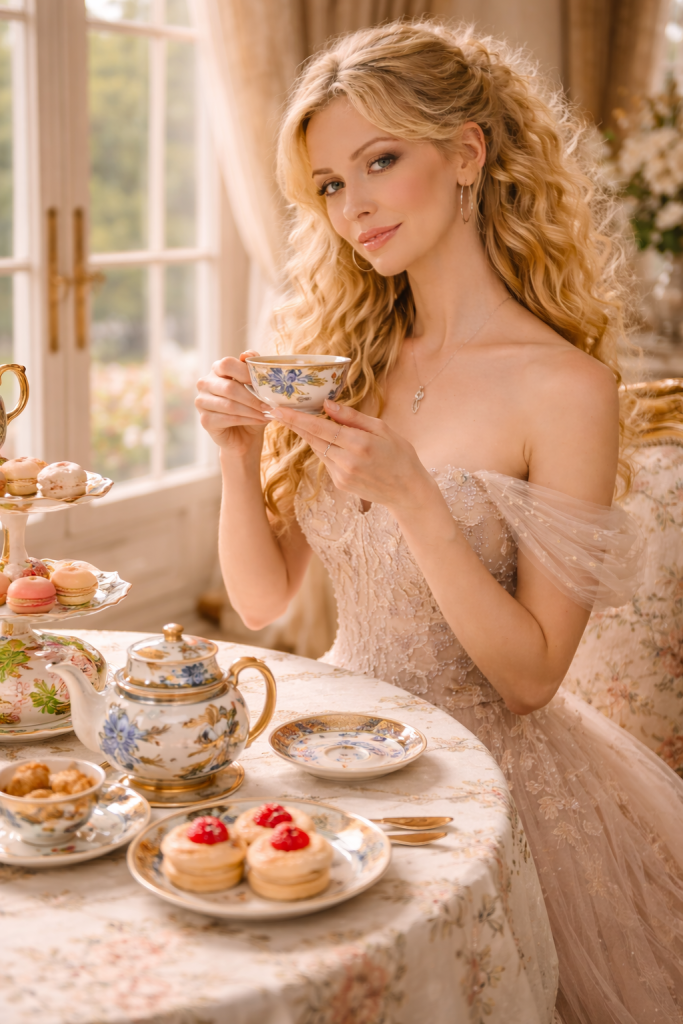 Woman in lace dress holding a floral teacup at a table with pastries and tea set