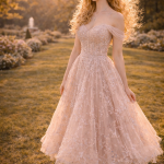 Woman in a sparkling pink off-shoulder gown standing in a sunlit garden.