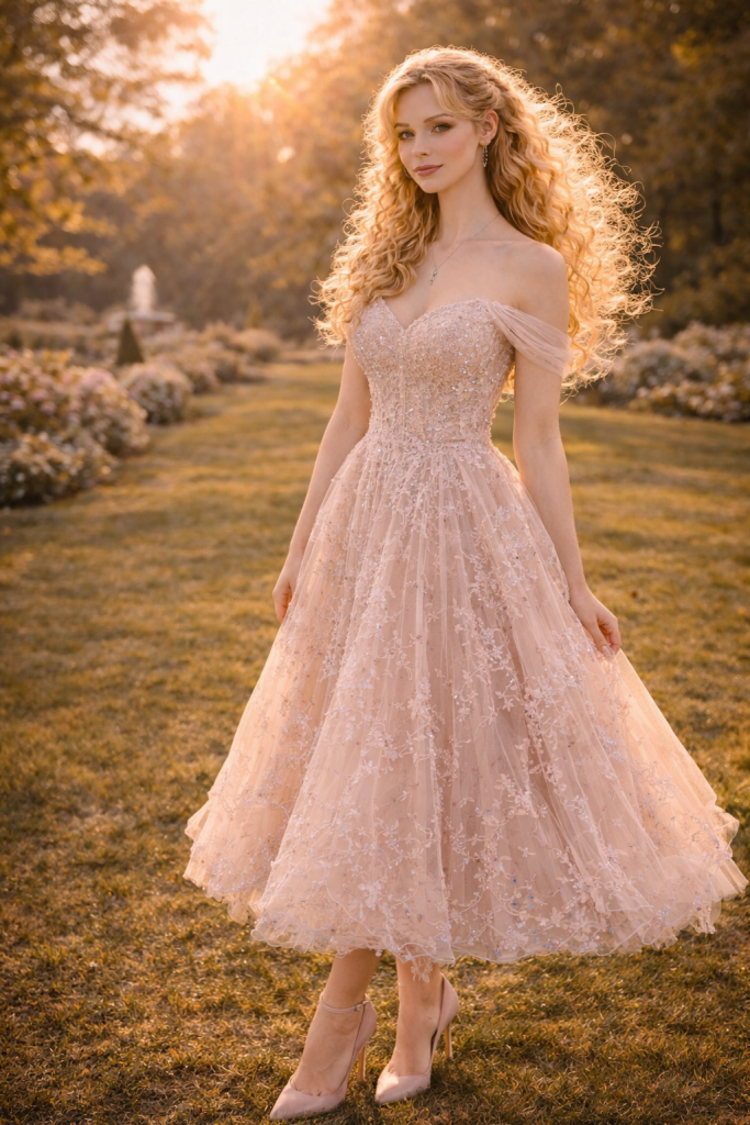 Woman in a sparkling pink off-shoulder gown standing in a sunlit garden.