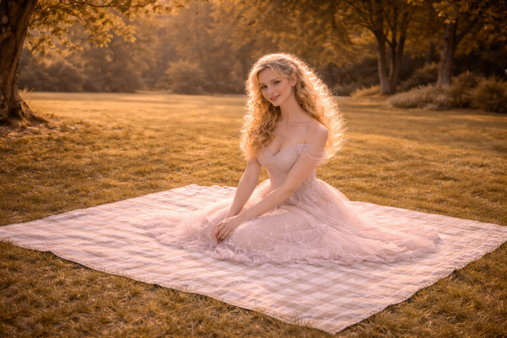 Blonde woman in a soft pink dress sitting on a checkered picnic blanket in a sunlit grassy field