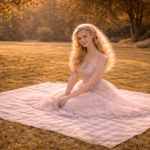 Blonde woman in a soft pink dress sitting on a checkered picnic blanket in a sunlit grassy field