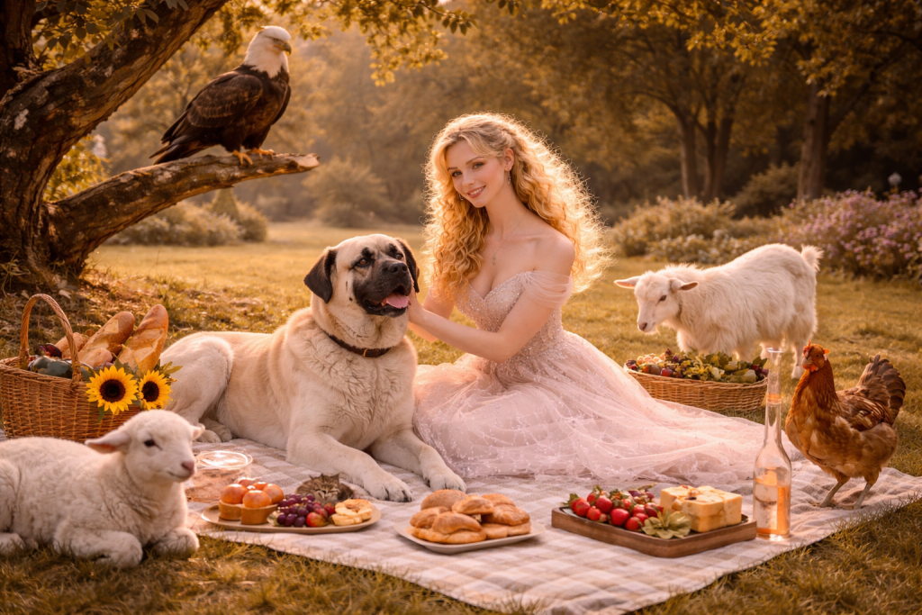 Woman in elegant dress having a picnic surrounded by dog, lambs, goat, chicken, and eagle
