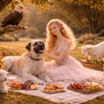 Woman in elegant dress having a picnic surrounded by dog, lambs, goat, chicken, and eagle