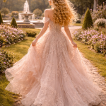 Woman in an elegant lace gown walking in a garden with flowers and a fountain in the background.