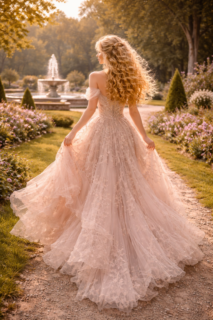 Woman in an elegant lace gown walking in a garden with flowers and a fountain in the background.