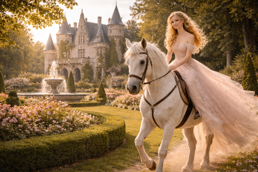 A woman in a flowing pink gown rides a white horse near a castle garden with a fountain.