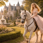A woman in a flowing pink gown rides a white horse near a castle garden with a fountain.