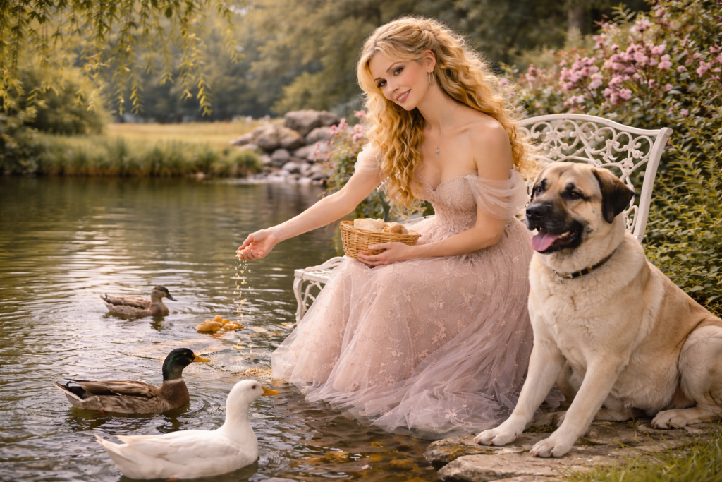 A woman in a flowing pink dress feeds ducks by a pond with a large dog sitting beside her.