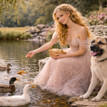 A woman in a flowing pink dress feeds ducks by a pond with a large dog sitting beside her.