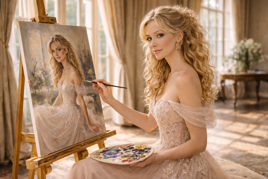 A woman in a detailed beige gown painting a portrait of herself on a canvas indoors