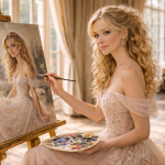 A woman in a detailed beige gown painting a portrait of herself on a canvas indoors