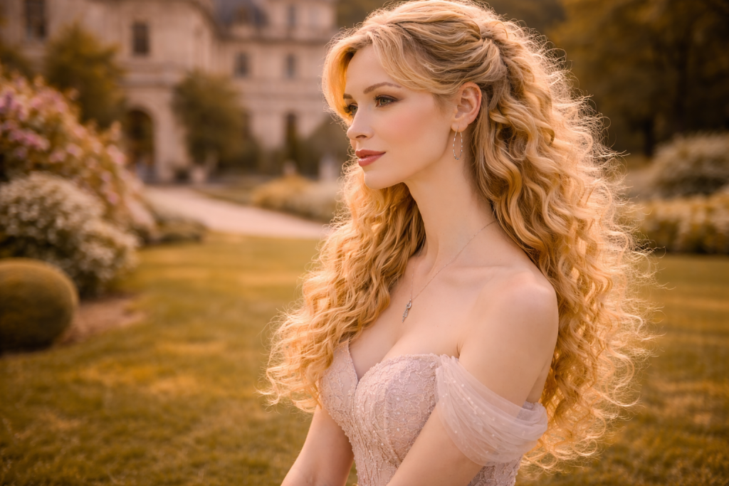 Blonde woman with long curly hair wearing an off-shoulder dress outdoors