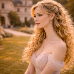 Blonde woman with long curly hair wearing an off-shoulder dress outdoors