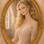 A blonde woman with curly hair in a detailed pink gown is framed by an ornate golden oval frame.