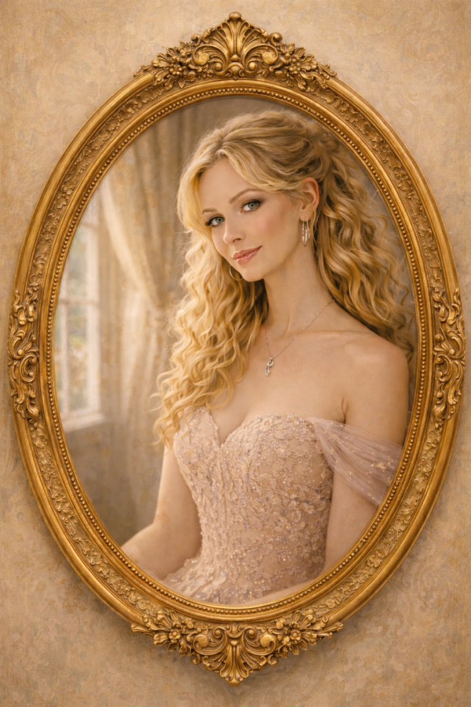A blonde woman with curly hair in a detailed pink gown is framed by an ornate golden oval frame.