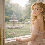 Blonde woman in a delicate off-shoulder dress standing by an open window overlooking a garden fountain