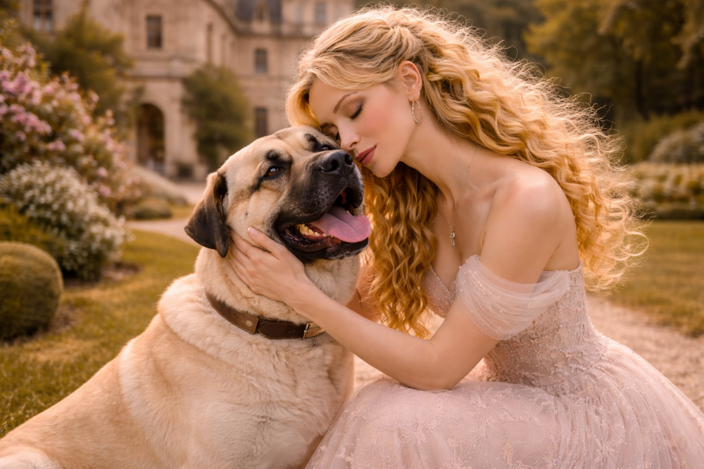 Blonde woman in elegant dress gently hugging a large, happy dog outdoors