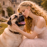 Blonde woman in elegant dress gently hugging a large, happy dog outdoors
