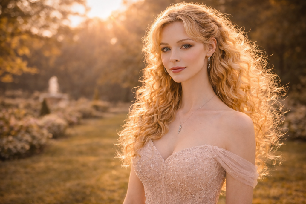 Blonde woman with curly hair in a lacy off-shoulder dress stands outdoors at golden hour.