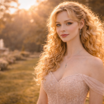 Blonde woman with curly hair in a lacy off-shoulder dress stands outdoors at golden hour.