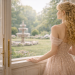 Blonde woman in a lace dress looking out a window at a garden with a fountain