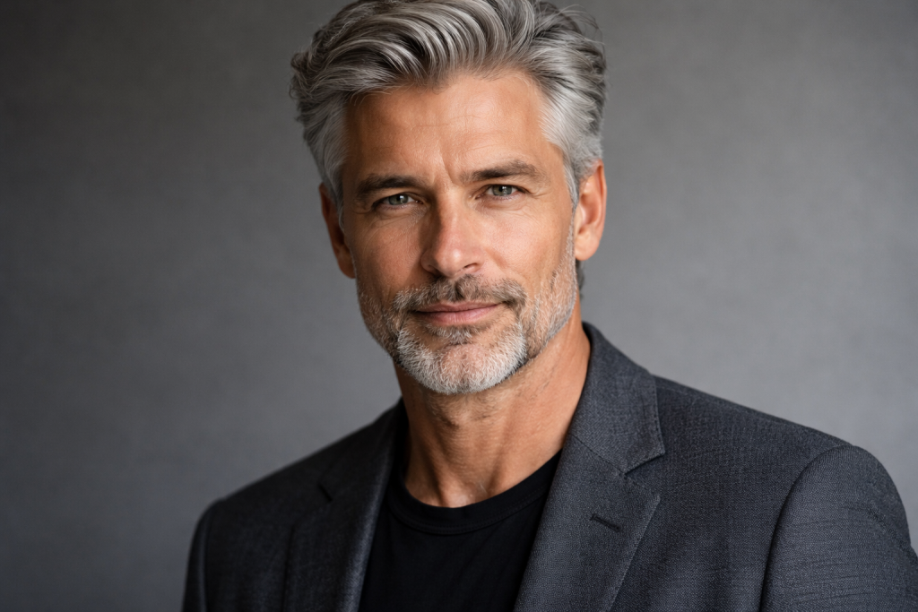 Portrait of a confident mature man with gray hair and beard wearing a dark blazer