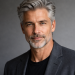 Portrait of a confident mature man with gray hair and beard wearing a dark blazer