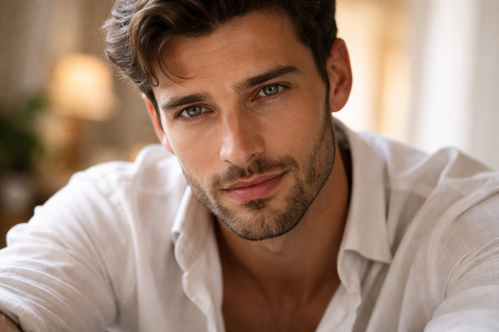Portrait of a young man with short dark hair and beard, wearing a white shirt.