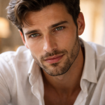 Portrait of a young man with short dark hair and beard, wearing a white shirt.
