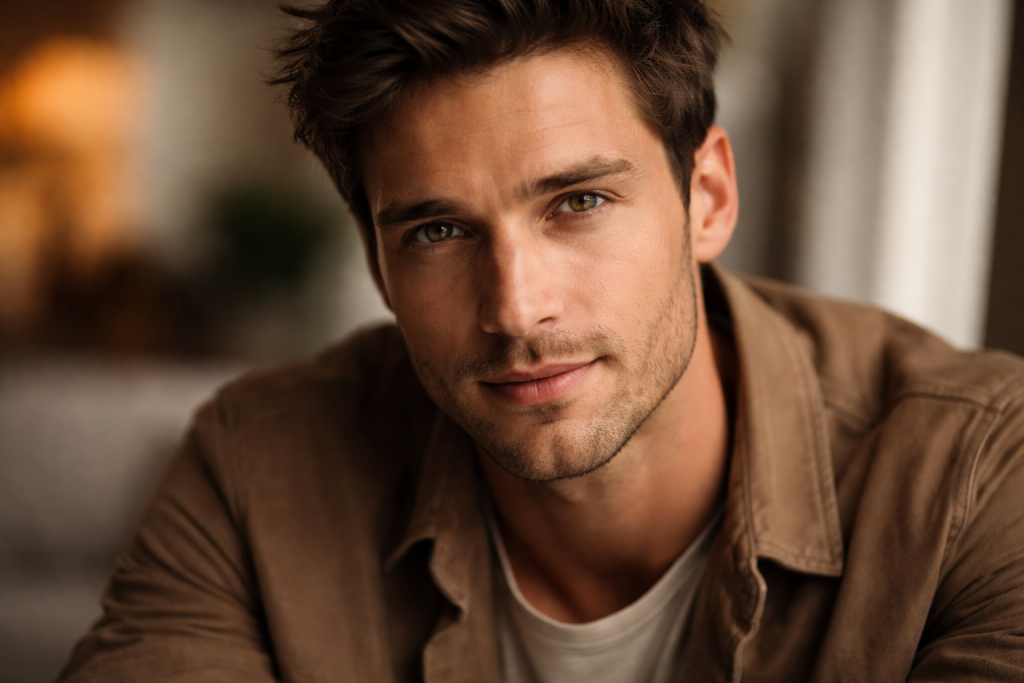 Young man with short brown hair and light stubble looking directly at the camera indoors.