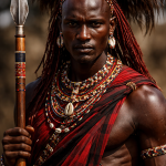 Portrait of a Maasai warrior holding a spear, wearing traditional beaded jewelry and red shuka cloth.