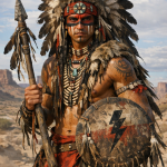 Portrait of a native warrior wearing a feathered headdress and face paint, holding a spear and shield