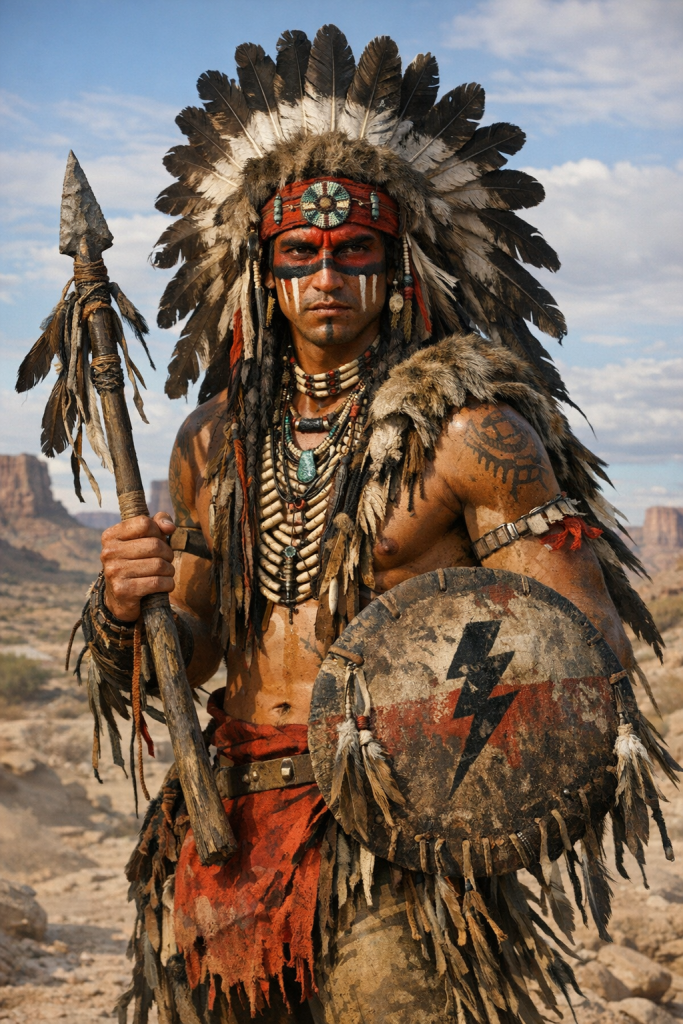 Portrait of a native warrior wearing a feathered headdress and face paint, holding a spear and shield