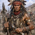 Portrait of a Native American warrior holding a spear and knife, wearing feathers and traditional attire.