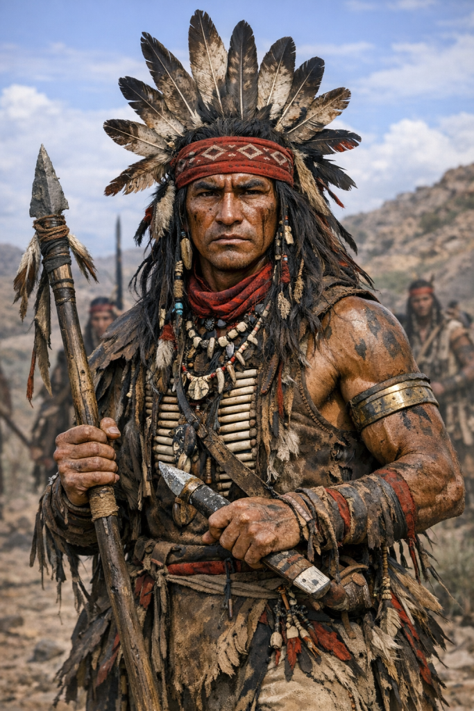 Portrait of a Native American warrior holding a spear and knife, wearing feathers and traditional attire.