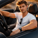 A young man with brown hair sits in a black convertible car, wearing a white t-shirt and sunglasses hanging from the collar.