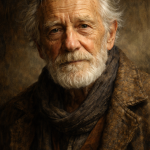 Portrait of an elderly man with white hair and beard wearing a textured coat and scarf