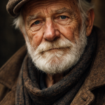 Close-up portrait of an elderly man with a white beard wearing a brown flat cap and scarf