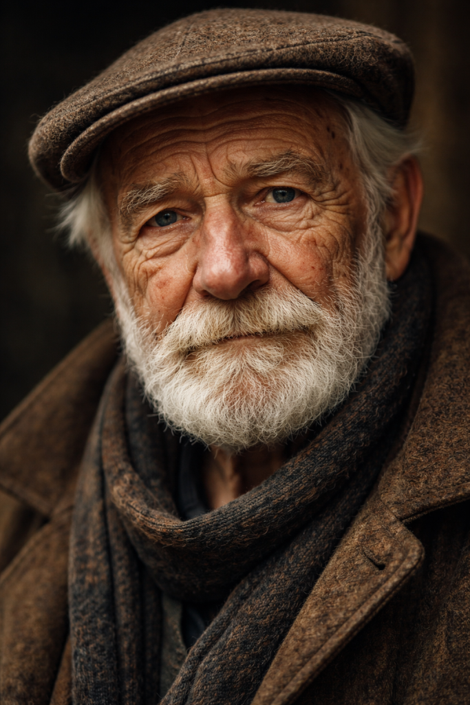 Close-up portrait of an elderly man with a white beard wearing a brown flat cap and scarf