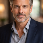 Portrait of a confident middle-aged man with gray hair and beard wearing a navy blazer and light blue shirt