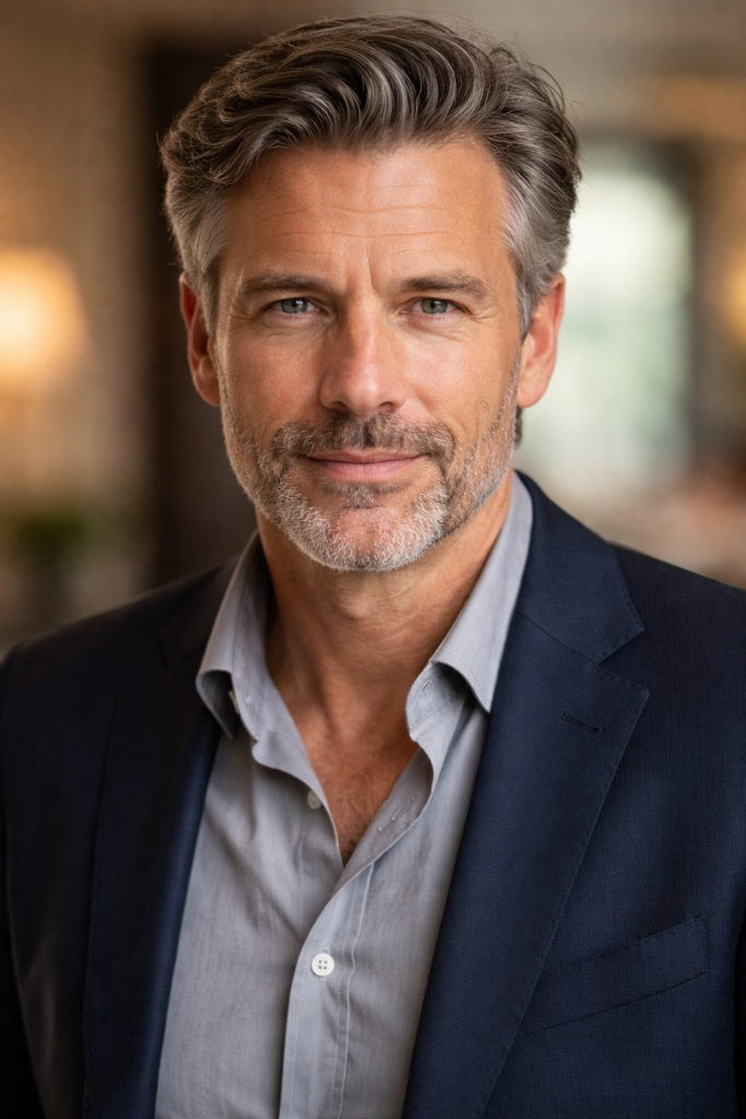 Portrait of a confident middle-aged man with gray hair and beard wearing a navy blazer and light blue shirt