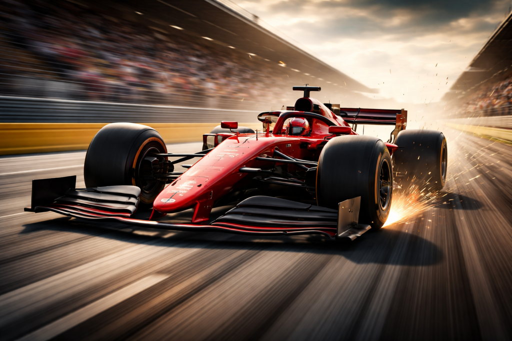 Red Formula 1 car speeding on track with sparks flying from rear tire