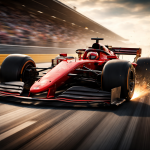 Red Formula 1 car speeding on track with sparks flying from rear tire