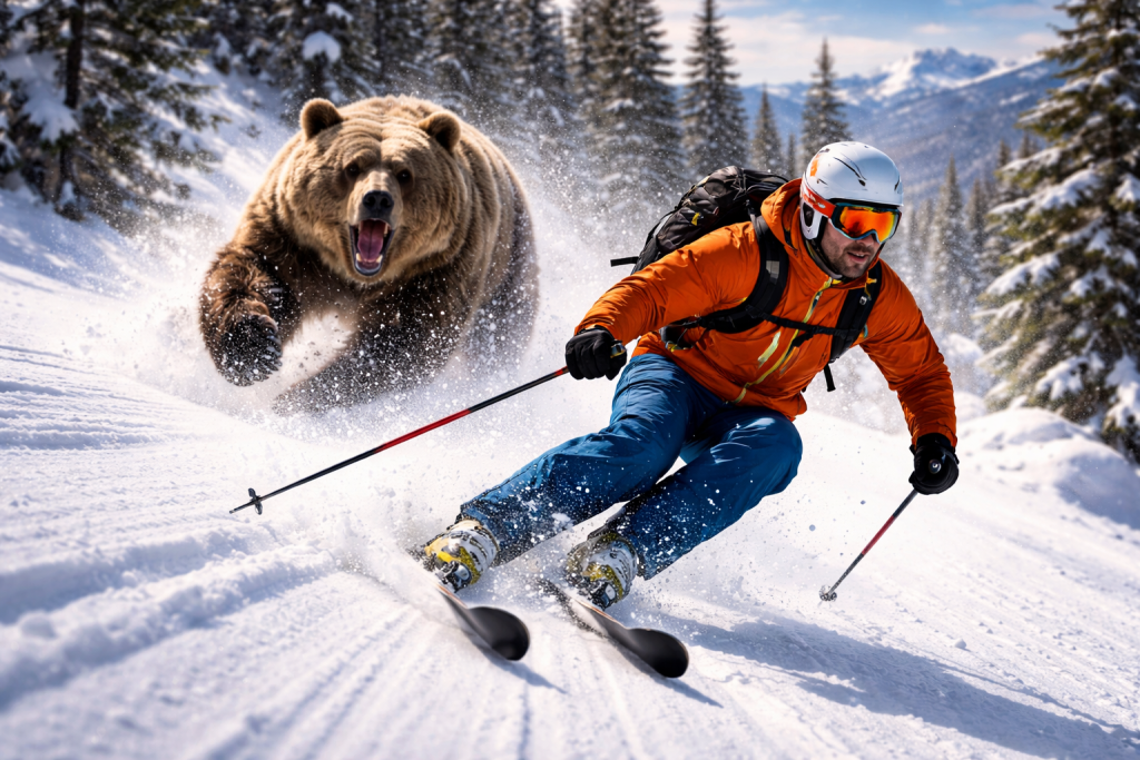 Man skiing down snowy slope with a large bear chasing him