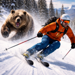 Man skiing down snowy slope with a large bear chasing him