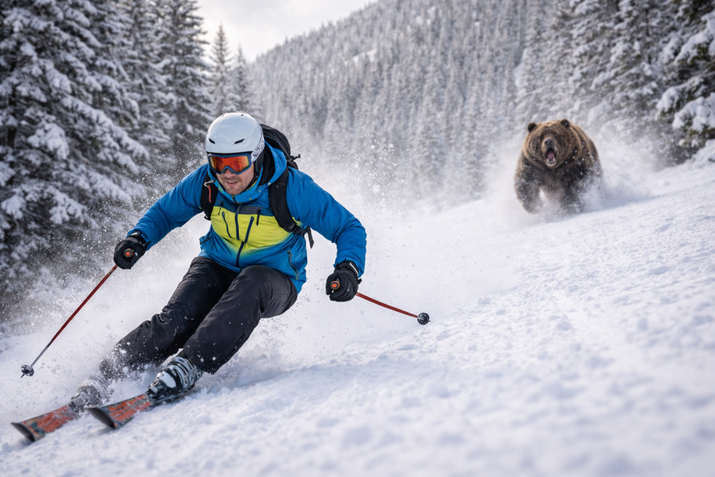 Man skiing downhill with a bear running behind him in snowy forest