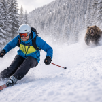 Man skiing downhill with a bear running behind him in snowy forest