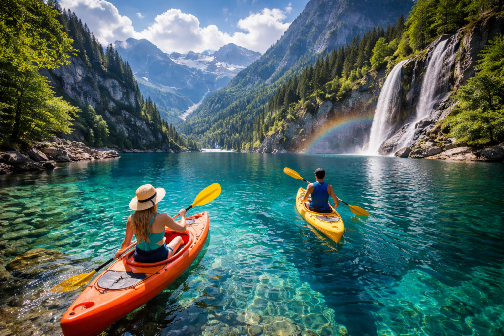 Two people kayaking on a clear mountain lake with a waterfall and rainbow nearby