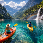 Two people kayaking on a clear mountain lake with a waterfall and rainbow nearby